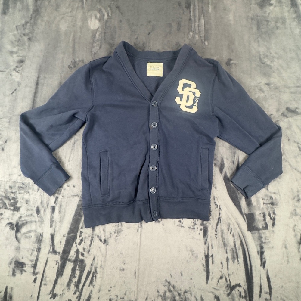 Old Navy Cardigan Sweatshirt Mens Medium Blue Collegiate Graphic Button Front